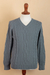 100% alpaca men's sweater, 'Dusty Blue' - Men's Blue Pullover Sweater Knit in Peru with 100% Alpaca (image 2d) thumbail