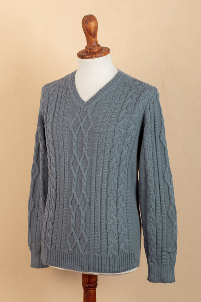 100% alpaca men's sweater, 'Dusty Blue' - Men's Blue Pullover Sweater Knit in Peru with 100% Alpaca