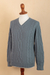 100% alpaca men's sweater, 'Dusty Blue' - Men's Blue Pullover Sweater Knit in Peru with 100% Alpaca (image 2e) thumbail