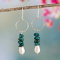 Chrysocolla and cultured pearl dangle earrings, 'Andean Portal' - Chrysocolla and Cultured Pearl Dangle Earrings from Peru