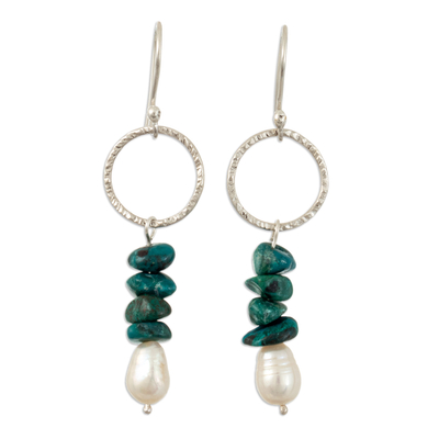 Chrysocolla and Cultured Pearl Dangle Earrings from Peru