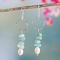 Pendientes colgantes de amazonita y perlas cultivadas - Aretes colgantes artesanales de amazonita y perlas cultivadas