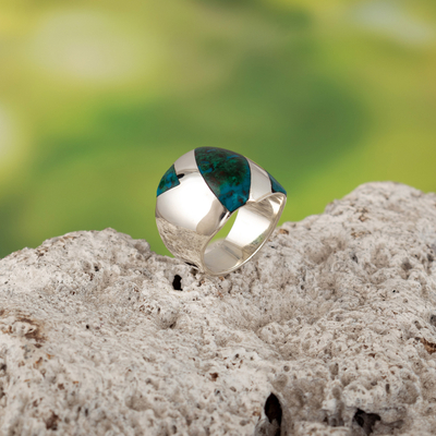 Chrysocolla band ring, 'Enclosing Winds' - 925 Sterling Silver Chrysocolla Band Ring Made in Peru