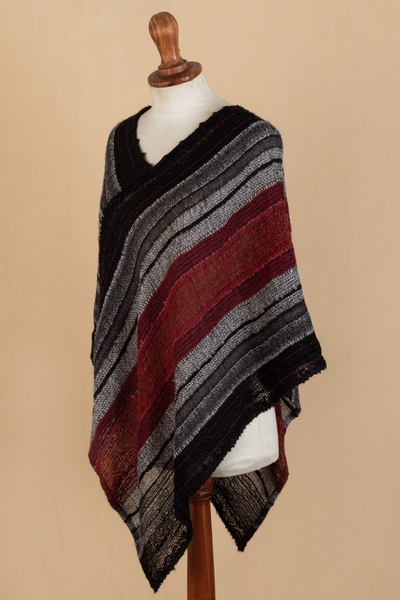 Baby alpaca blend poncho, 'Reds and Grays' - Poncho Handmade from Baby Alpaca Blend in Peru