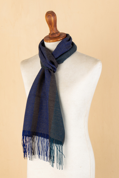Baby alpaca blend scarf, 'Winds of the Andes' - Handloomed Unisex Baby Alpaca Blend Scarf in Blue