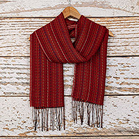 Baby alpaca blend scarf, 'Deep Reds' - Red Baby Alpaca Blend Hand-woven Striped Scarf from Peru
