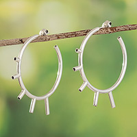 Sterling silver half-hoop earrings, 'Satellite Orbit' - Artisan Crafted Half-Hoop Earrings
