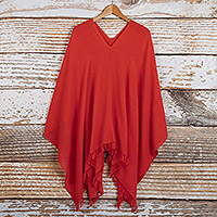 Cotton poncho, 'Red Threads' - 100% Cotton Deep Coral Red Poncho Handmade in Peru