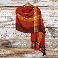 100% alpaca shawl, 'Leaves in the Fall' - Multicolored Striped Shawl Hand-woven with 100% Alpaca