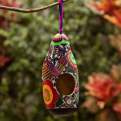 Pajarera de calabaza seca - Pajarera de calabaza seca tallada a mano y pintada a mano de Perú