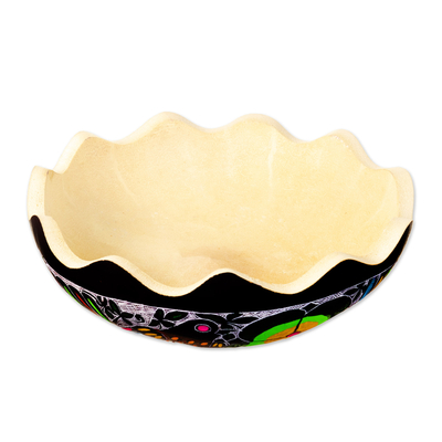 Dried gourd catchall, 'Sweet Spring Scent' - Hand-Painted and Carved Dried Gourd Catchall from Peru