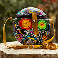 Gourd sling bag, 'Colorful Andean Journey' - Peruvian Hand-Carved Gourd Sling Bag with Leather Accents