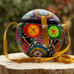 Gourd sling bag, 'Colorful Andean Journey' - Peruvian Hand-Carved Gourd Sling Bag with Leather Accents
