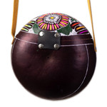 Gourd sling bag, 'Colorful Andean Journey' - Peruvian Hand-Carved Gourd Sling Bag with Leather Accents
