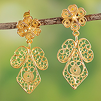 Gold-plated filigree dangle earrings, 'Floral Luxury' - 18k Gold-Plated Bronze Filigree Floral Earrings from Peru