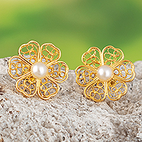 Gold-plated cultured pearl filigree button earrings, 'Sweet Blossoming' - Cultured Pearl and 18k Gold-Plated Bronze Filigree Earrings