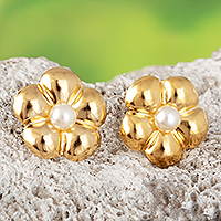 Gold-plated cultured pearl button earrings, 'Floral Pearls' - 18k Gold-Plated Bronze and Cultured Pearl Button Earrings