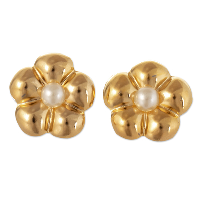 18k Gold-Plated Bronze and Cultured Pearl Button Earrings