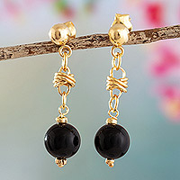 Gold-plated obsidian dangle earrings, 'Deep Elegance' - 18k Gold-Plated and Obsidian Dangle Earrings from Peru