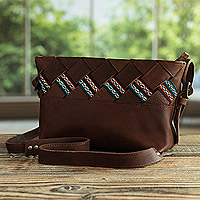 Leather shoulder bag, 'Walk Companion' - Handmade Peruvian Brown Leather Shoulder Bag with Incan Trim