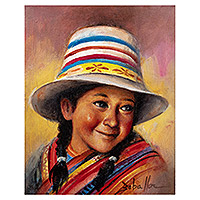 'Huancavelican Girl' - Peruvian Girl Portrait Painting in Oils on Canvas