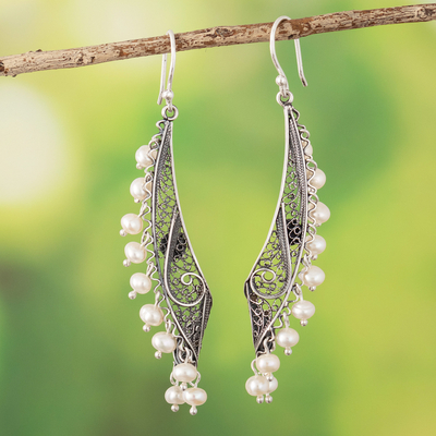 Cultured pearl filigree dangle earrings, Memory of a Waterfall
