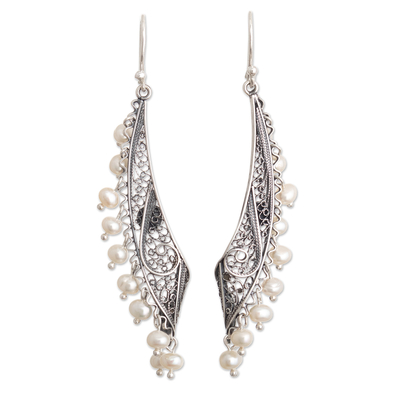 Cultured pearl filigree dangle earrings, 'Memory of a Waterfall' - Sterling Silver Filigree Earrings with Cultured Pearls