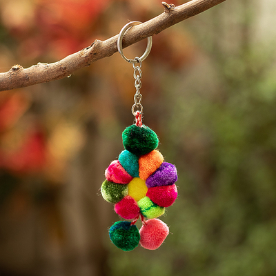 Pompom keychain, 'Andean Blossom' - Handcrafted Multicolor Andean Flower Keychain from Peru
