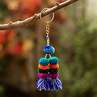 Pompom keychain, 'Colorful Tails' - Multicolor Pompom Keychain from Peru