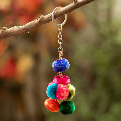 Pompom keychain, 'Merry Little Hat' - Handcrafted Multicolour Pompom Hat-Shaped Keychain from Peru