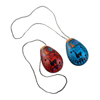 Pair of Handcrafted Ceramic Andean Ocarinas in Blue and Red