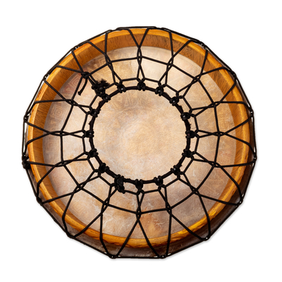 Leather accented wood drum, 'Sounds from Afterlife' - Handcrafted Leather and Cumaru Wood Drum from Peru