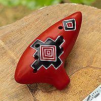 Ceramic ocarina, 'Hypnotic Chakana' - Ceramic Andean Ocarina in Red Handcrafted in Peru