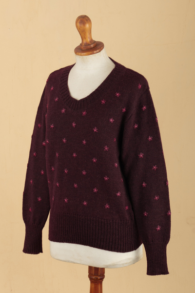 100% alpaca sweater, 'Cerise Springs' - Cordovan 100% Alpaca Sweater with Embroidered Cerise Flowers