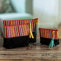 Wool and suede travel bag set, 'Colorful Travels' (set of 3) - Handmade Wool Trim and Suede Cosmetic Bag from Peru Set of 3