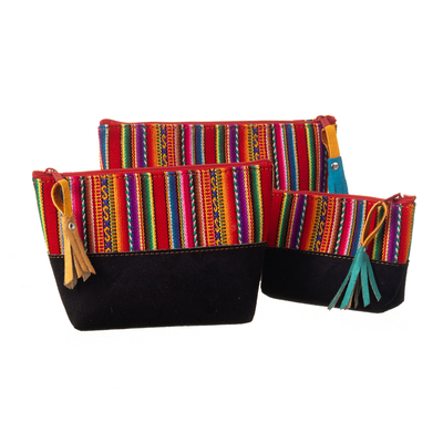 Wool accented suede cosmetic bag set, 'Andean Triplets' (set of 3) - Handmade Wool Trim and Suede Cosmetic Bag from Peru Set of 3