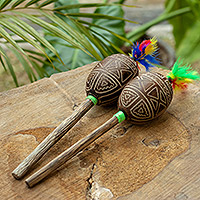 Dried gourd mini maracas, 'Sacred Vision' (pair) - Pair of Mini Maracas Handcrafted with Dried Gourd and Wood