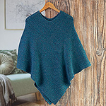Teal 100% Alpaca Poncho Crafted in Peru, 'Pacific Waves'