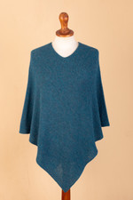 100% alpaca poncho, 'Pacific Waves' - Teal 100% Alpaca Poncho Crafted in Peru