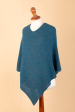 100% alpaca poncho, 'Pacific Waves' - Teal 100% Alpaca Poncho Crafted in Peru