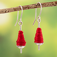 Silver dangle earrings, 'Red Spools' - Silver and Red Cotton Dangle Earrings from Peru