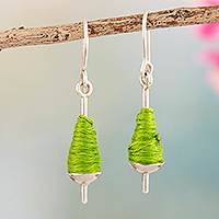 Silver dangle earrings, 'Green Spools' - Silver and Green Cotton Dangle Earrings from Peru