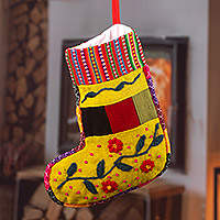 Embroidered Christmas stocking, 'Christmas Flora' - Handcrafted Yellow Christmas Stocking with Andean Details