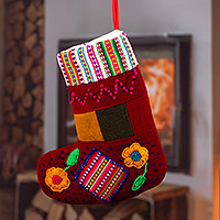 Embroidered Christmas stocking, 'Christmas Evenings' - Handcrafted Red Christmas Stocking with Andean Details