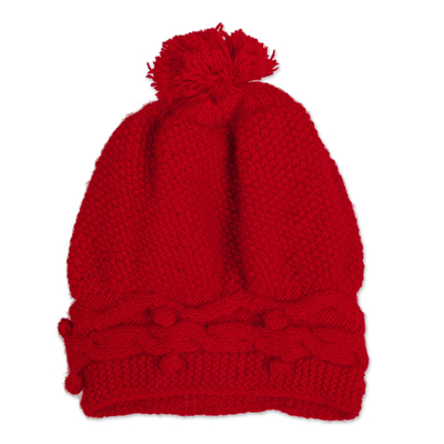 Peruvian Cable Knit Red Alpaca Blend Hat with a Pompon