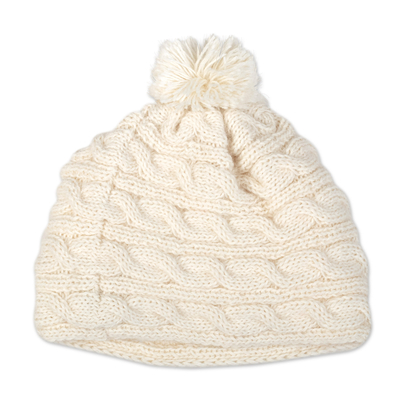 Peruvian Cable Knit Ivory 100% Alpaca Hat with a Pompon