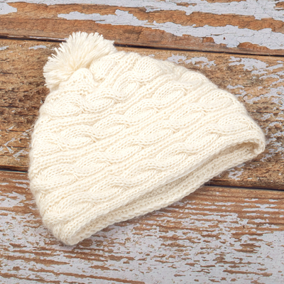 100% alpaca knit hat, 'Andean Loops' - Peruvian Cable Knit Ivory 100% Alpaca Hat with a Pompon