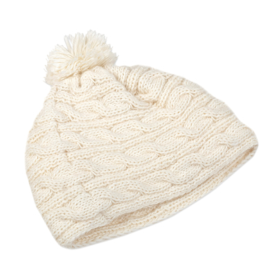 100% alpaca knit hat, 'Andean Loops' - Peruvian Cable Knit Ivory 100% Alpaca Hat with a Pompon