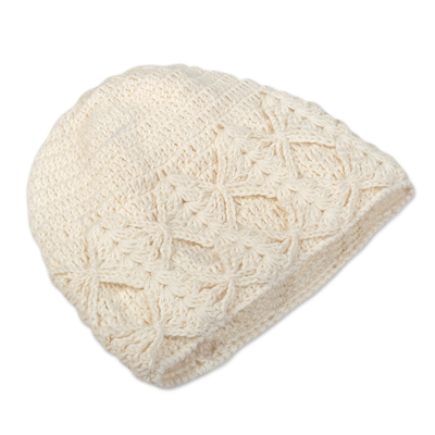 100% alpaca knit hat, 'Ivory Shapes' - Cable Knit Ivory 100% Alpaca Hat from Peru