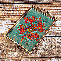 Reverse-painted glass serving tray, 'Sweet Spring Flower' - Reverse-Painted Glass and Wood Serving Tray Handmade in Peru